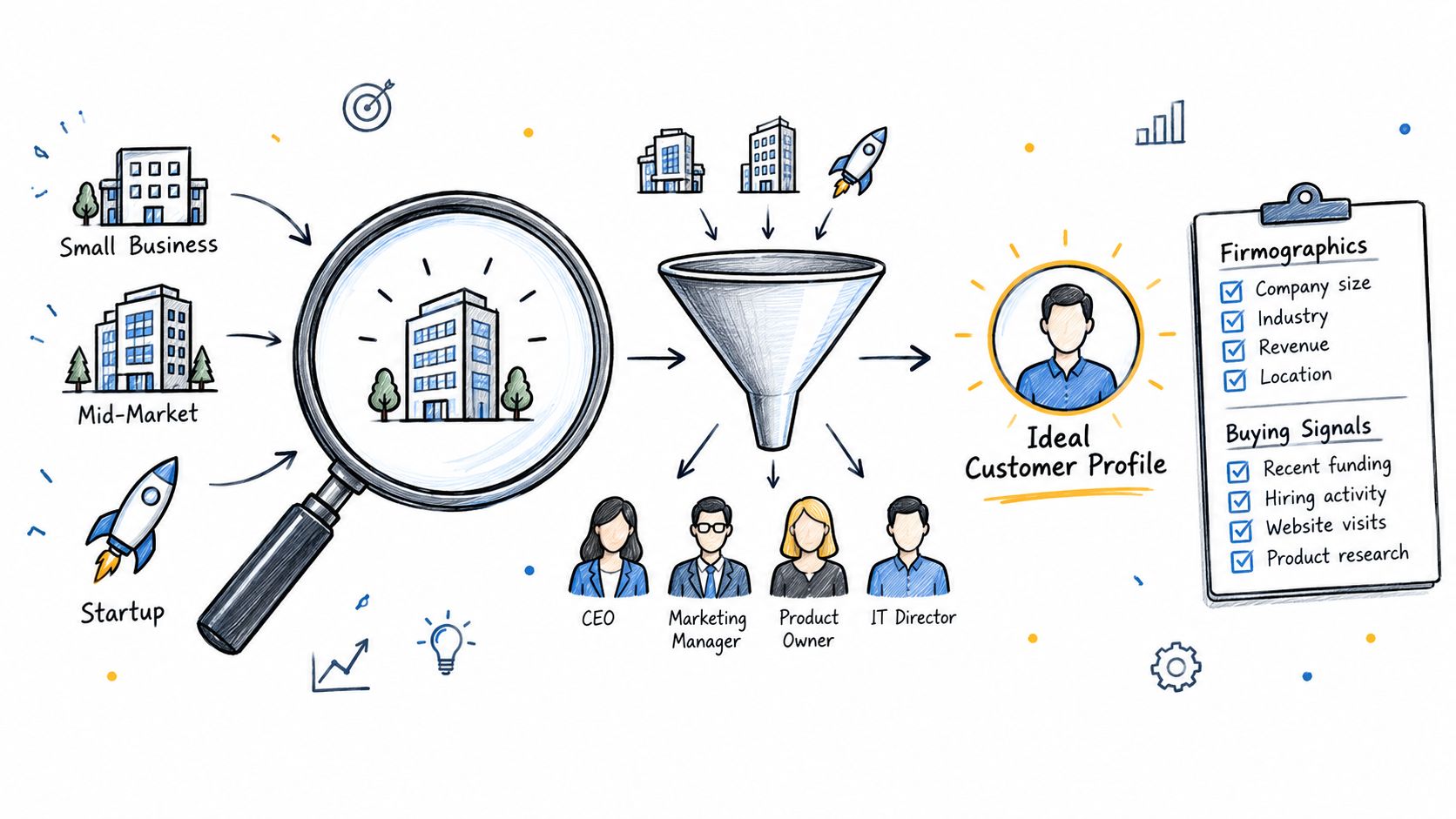 A diagram illustrating the process of qualifying leads from various business types into an ideal customer profile.