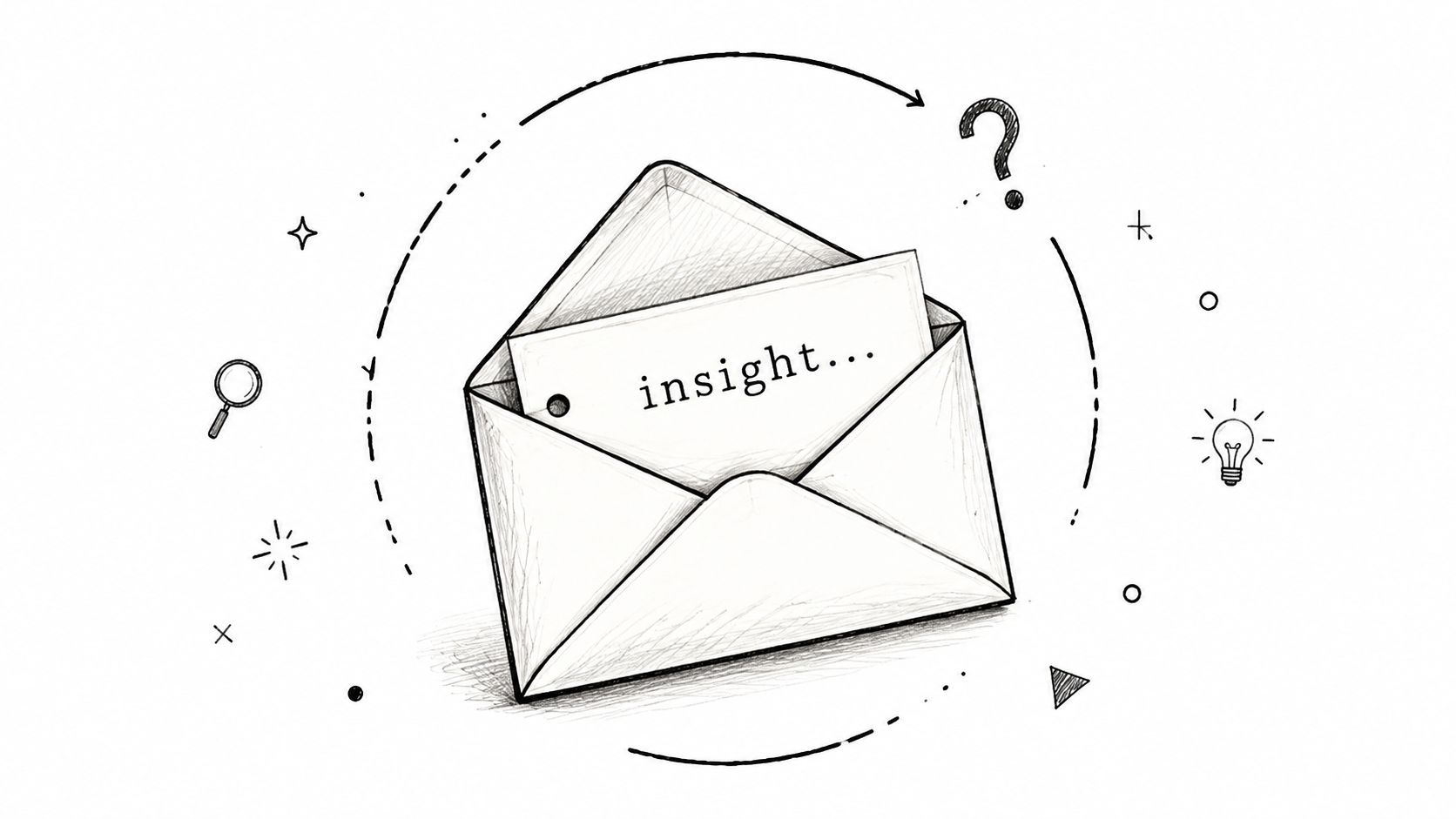 A pencil sketch of an open envelope containing a note with the word insight written inside.