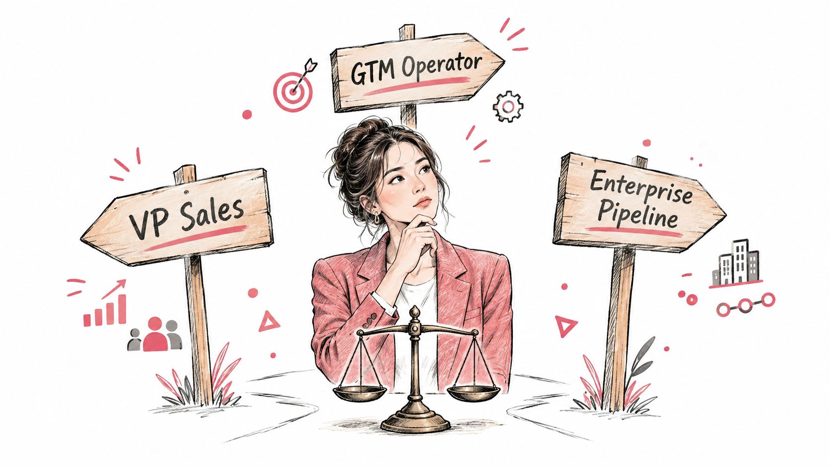 A professional woman pondering career choices between VP Sales, GTM Operator, and Enterprise Pipeline roles with balance scales.