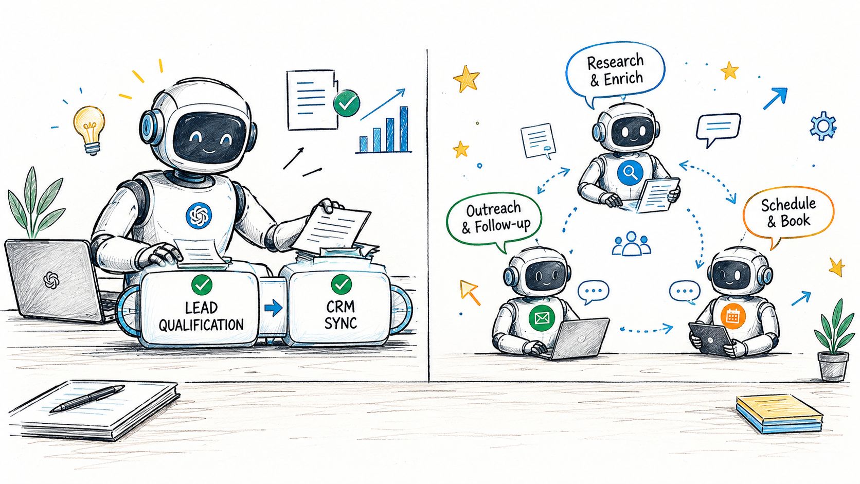 A hand-drawn illustration comparing a single AI agent for lead qualification with a multi-agent AI workflow.