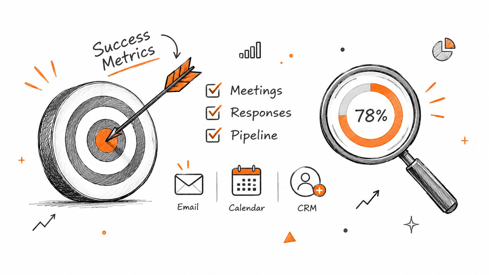 An infographic representing success metrics featuring a target, checklist, and magnifying glass displaying 78% progress.