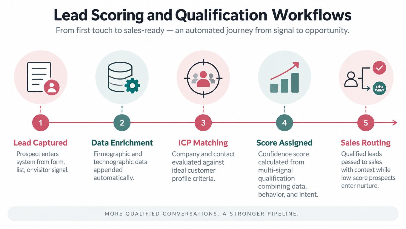A five step flowchart illustrating an automated lead scoring and qualification workflow for business marketing teams.
