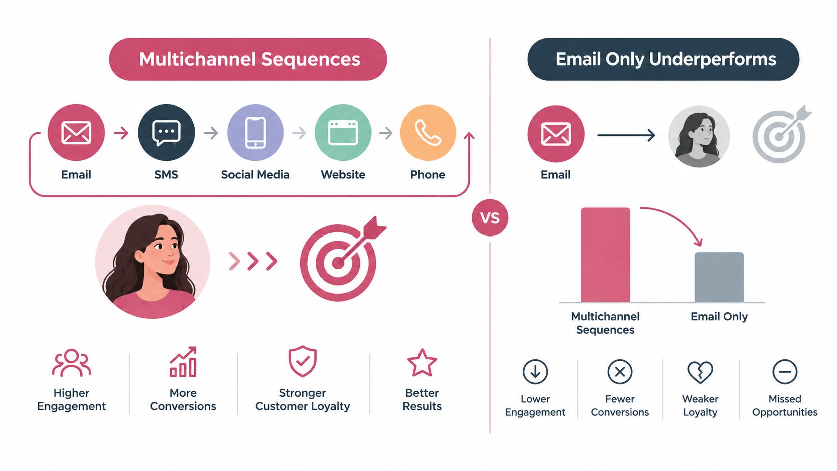 A diagram comparing the higher effectiveness of multichannel sequences versus the lower performance of email-only marketing strategies.