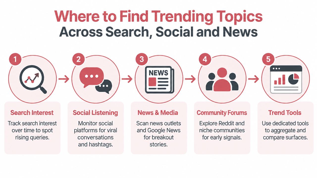 A five-step infographic guide showing strategies to discover trending topics across search, social media, and news platforms.