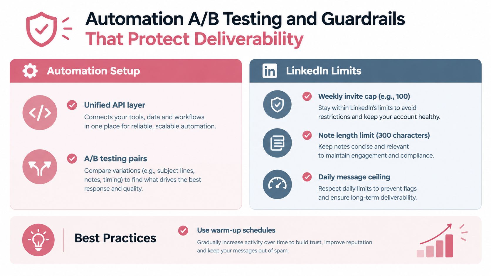 An infographic showing best practices for LinkedIn automation, including A/B testing, platform limits, and account warm-up schedules.