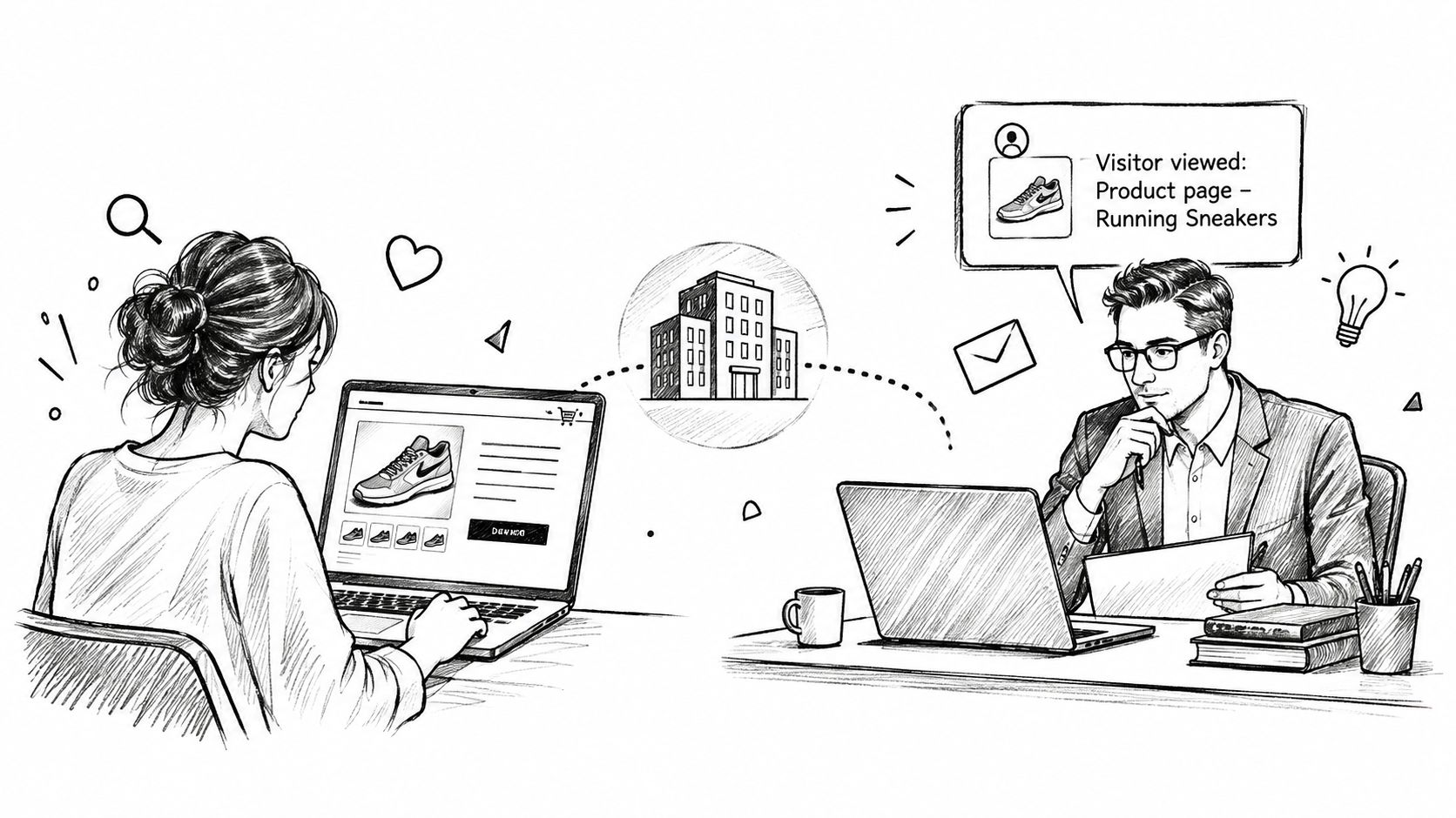 A woman browsing running sneakers on a laptop, while a businessman monitors her activity through a company server.