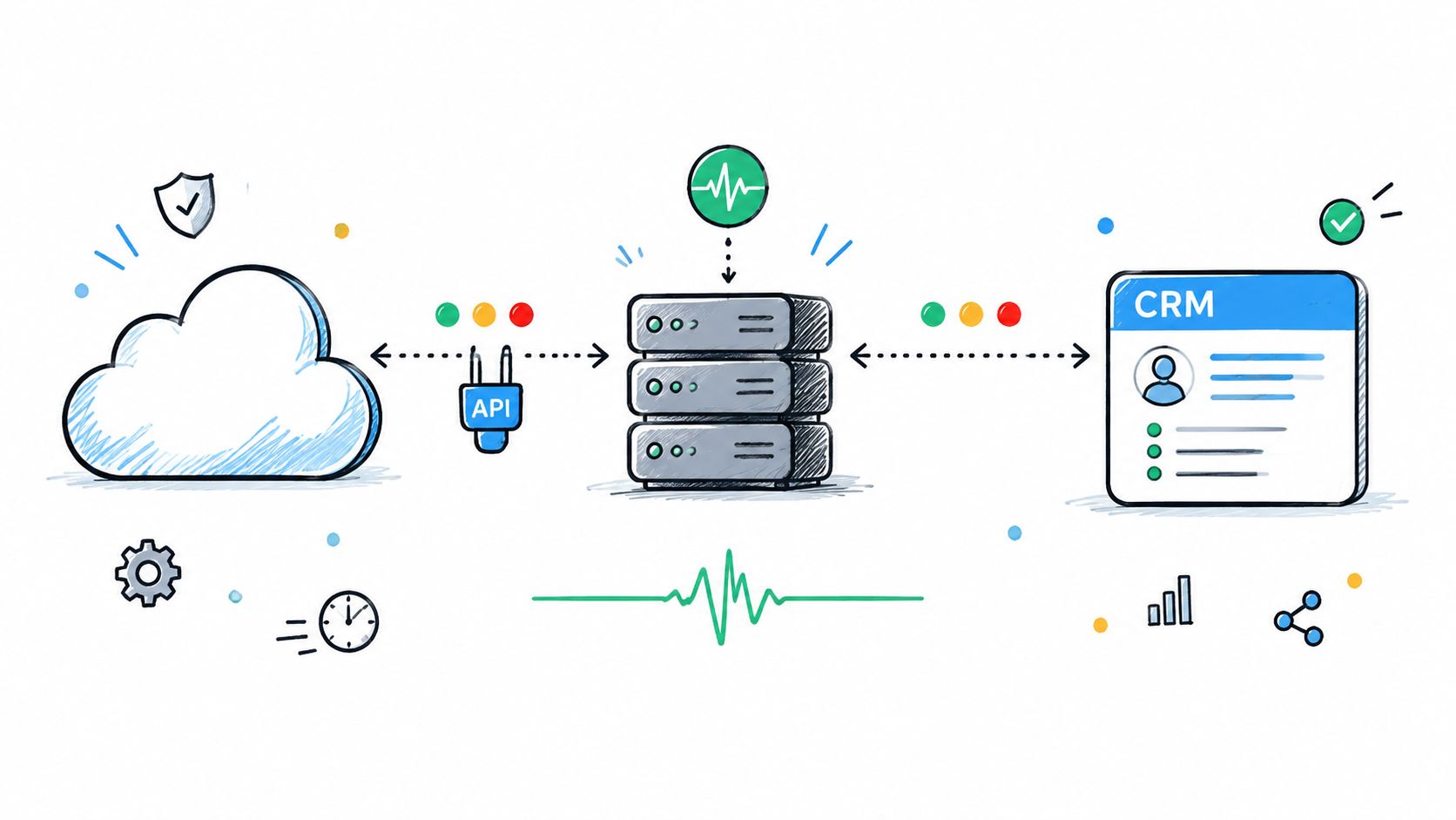 A diagram illustrating an API connection between a cloud server, a backend system, and a CRM platform.