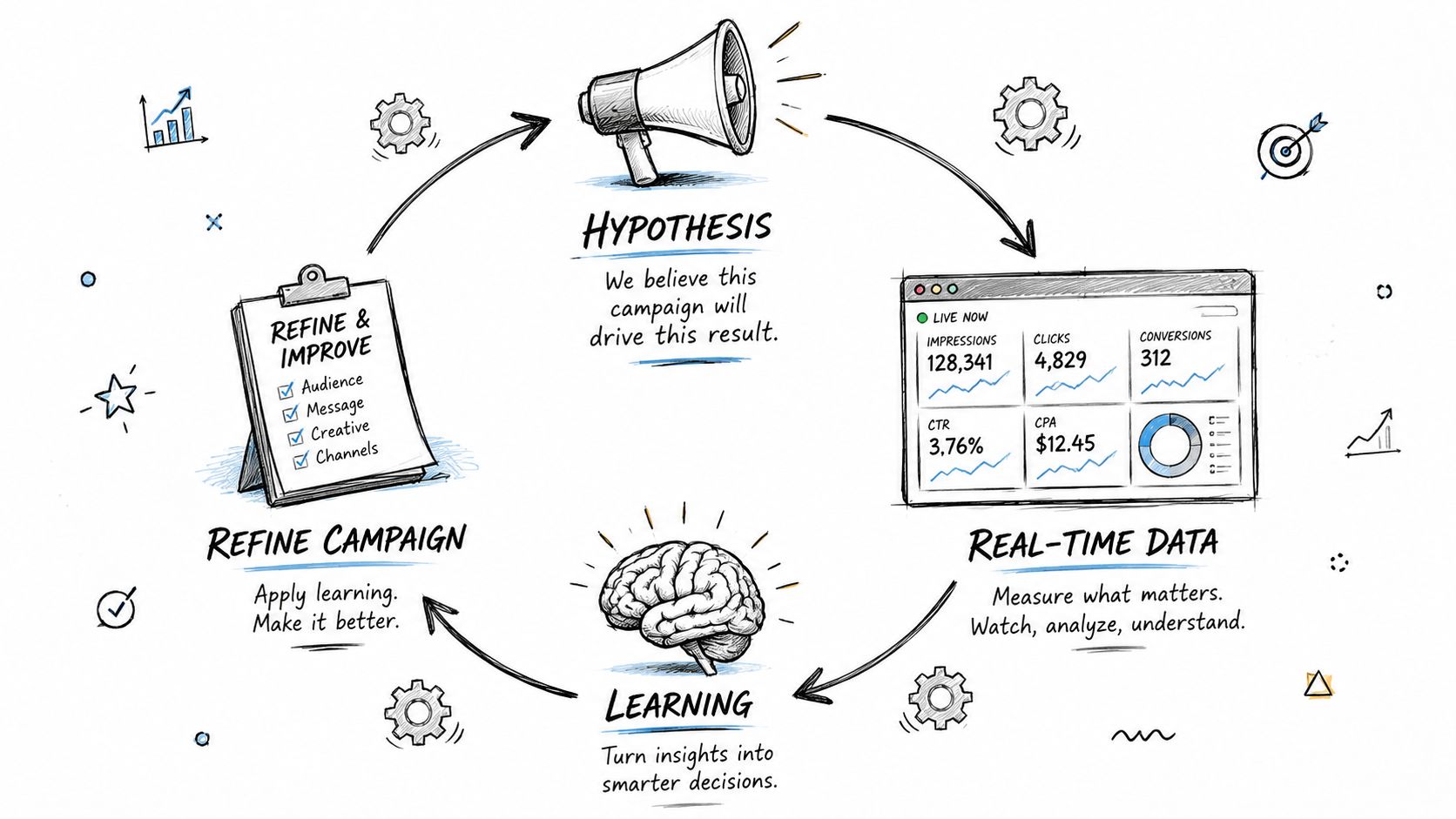 A circular diagram illustrating the marketing campaign optimization loop of hypothesis, data, learning, and refining.