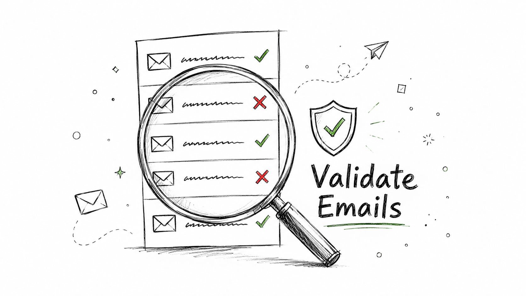 A hand drawn sketch of a magnifying glass inspecting a list of email icons with validation checkmarks.