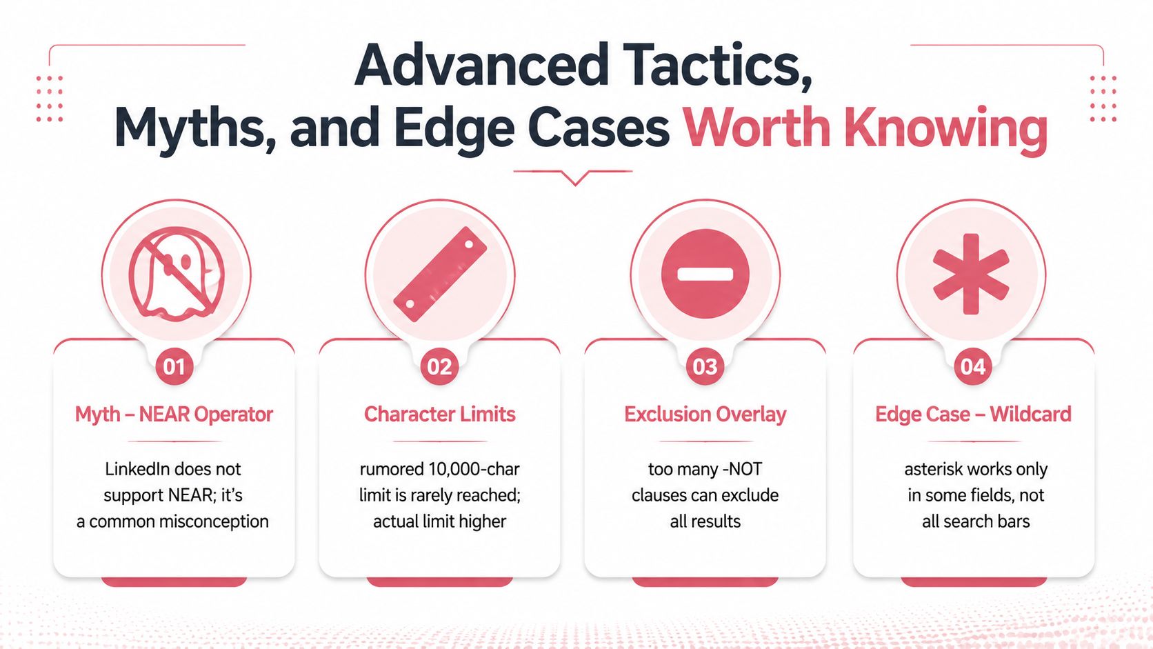 An infographic detailing four advanced boolean search tactics, myths, and edge cases specifically for LinkedIn platforms.