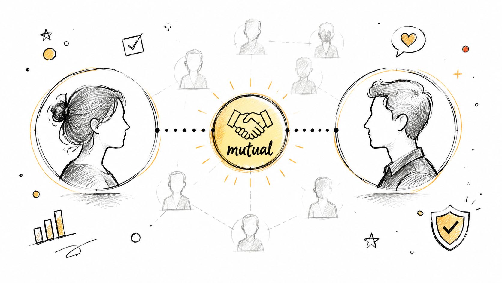 A conceptual illustration showing two people connecting through a mutual handshake symbol with networking nodes.
