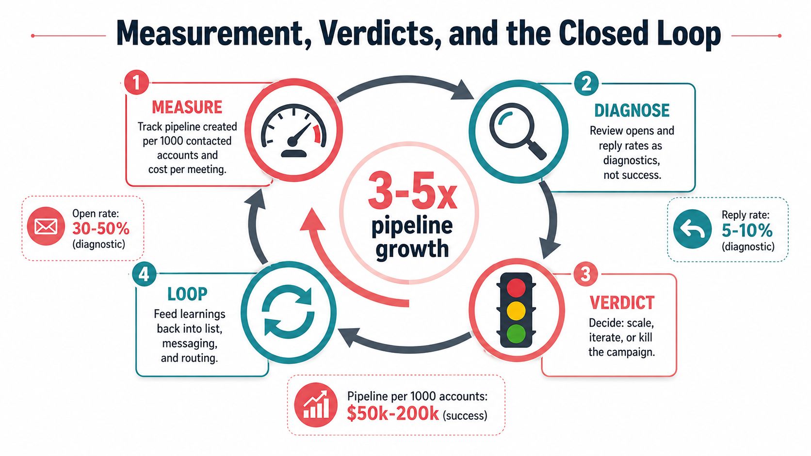 A circular diagram illustrating a four-step outbound marketing process to achieve significant pipeline growth.