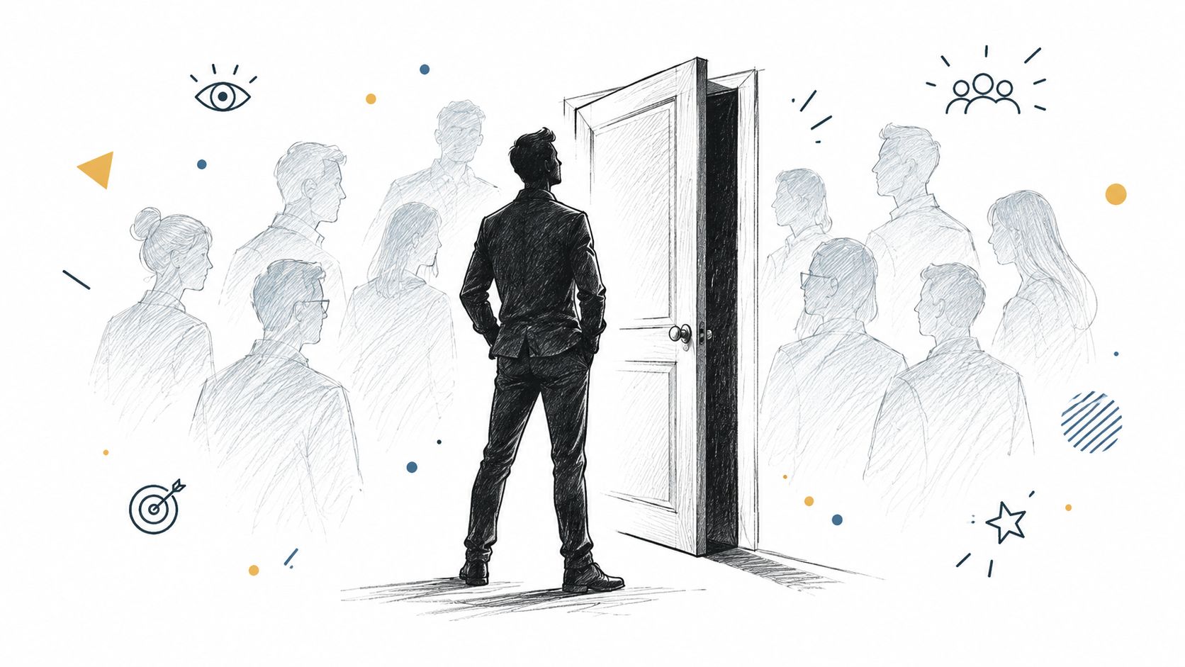 A central businessman stands before an open door with sketch-style silhouettes of people surrounding him.