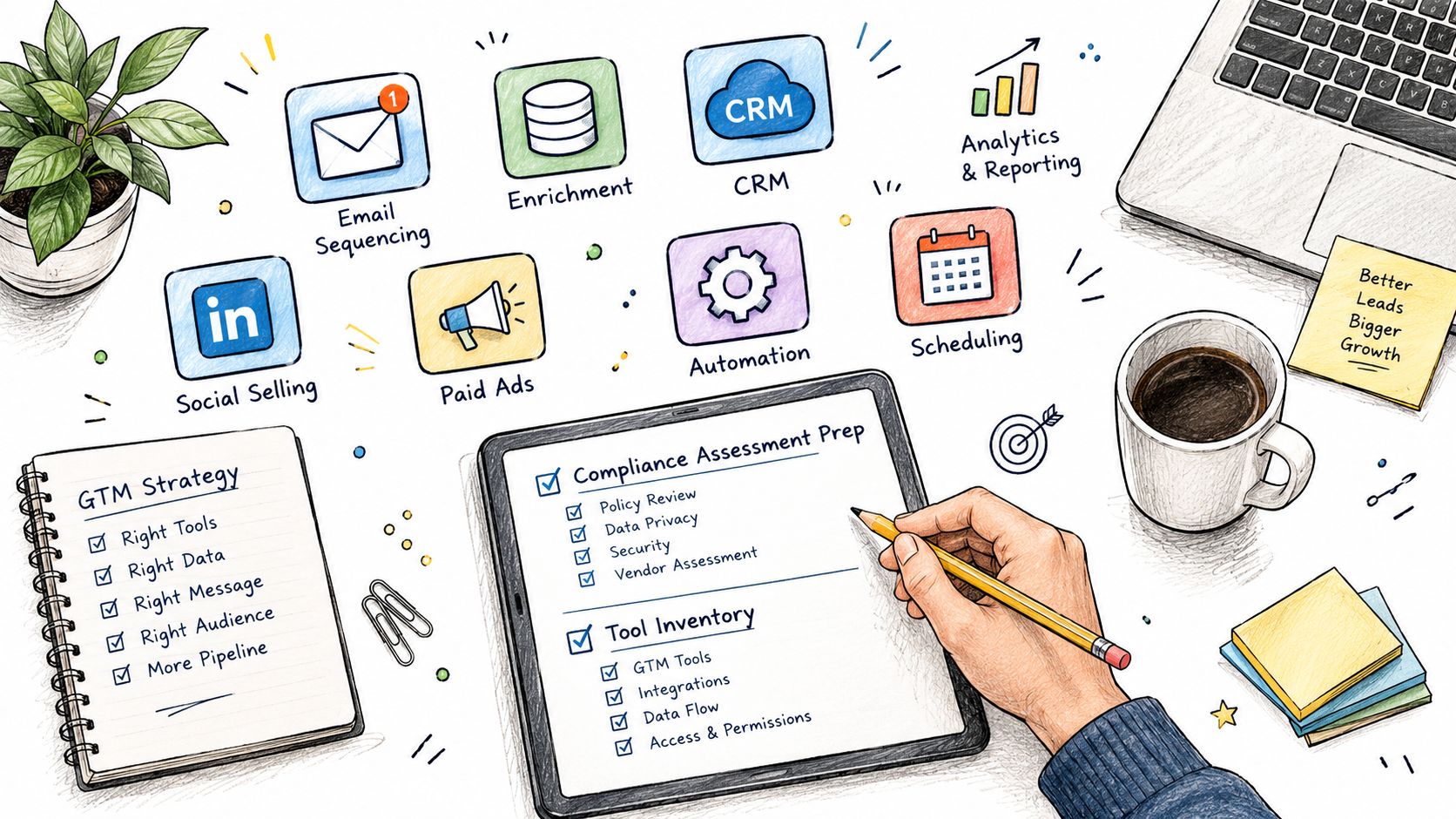 An overhead view of a desk showing GTM strategy notes, tech icons, and a tablet for compliance planning.