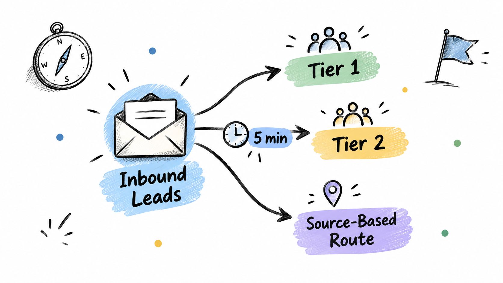 A hand-drawn illustration showing an inbound lead routing process with three different paths, including tier-based and source-based routing.