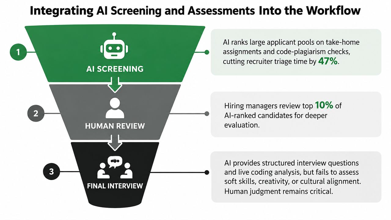 A funnel diagram illustrating the workflow of integrating AI screening into the technical hiring process.