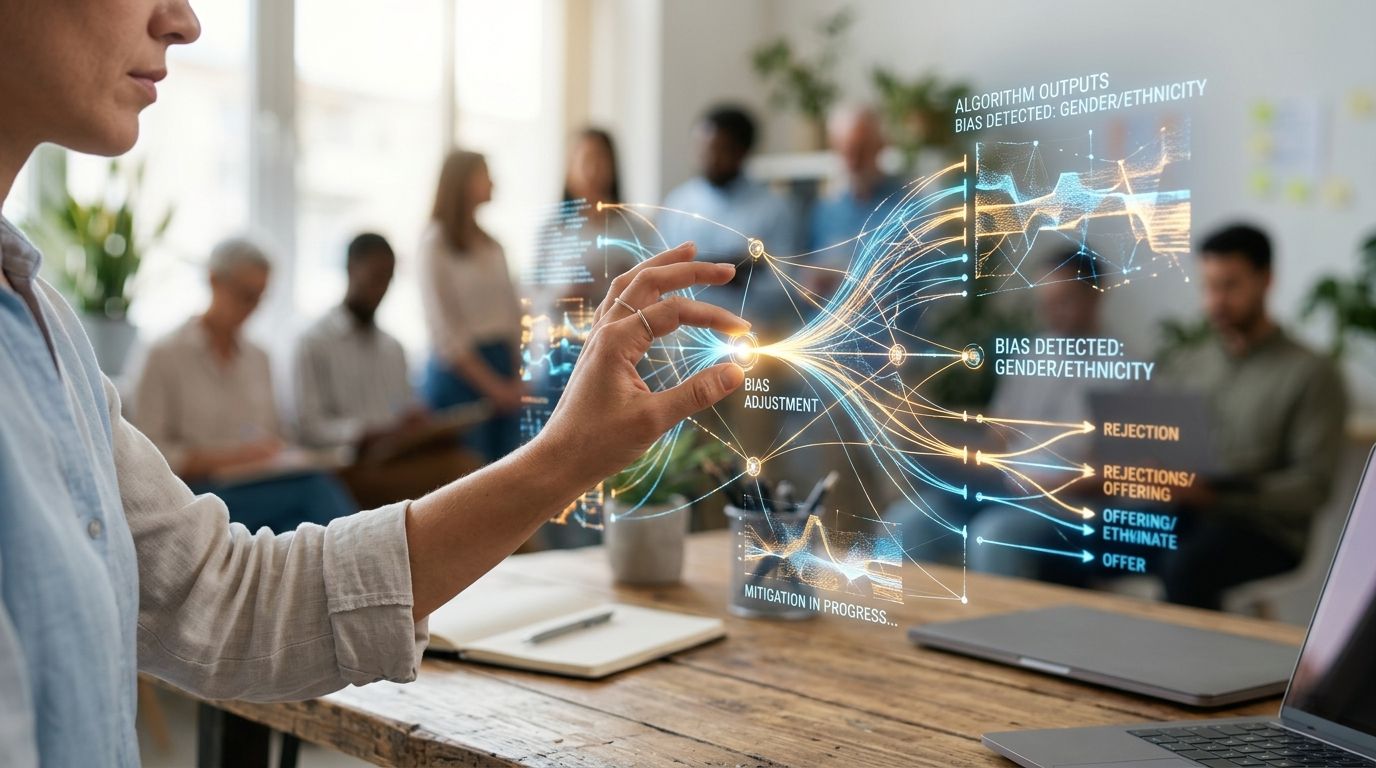 A professional analyzing AI data visualizations concerning algorithm bias in a workplace environment.