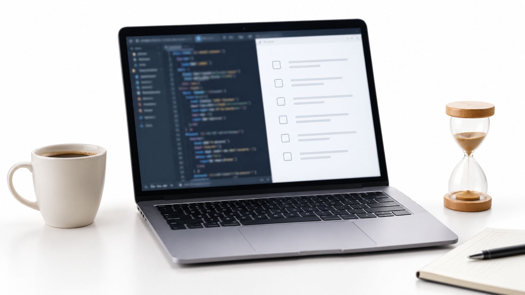 A laptop showing code and a checklist on its screen, next to a coffee mug and hourglass.