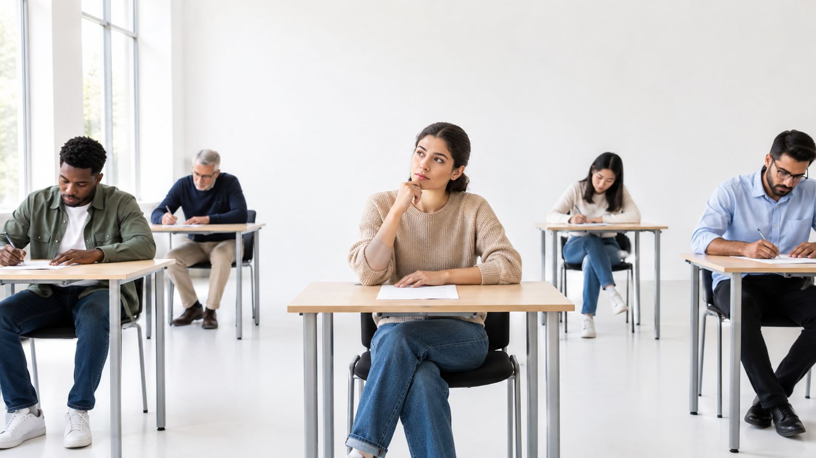 A diverse group of adults sitting at individual desks in a classroom taking a written exam.