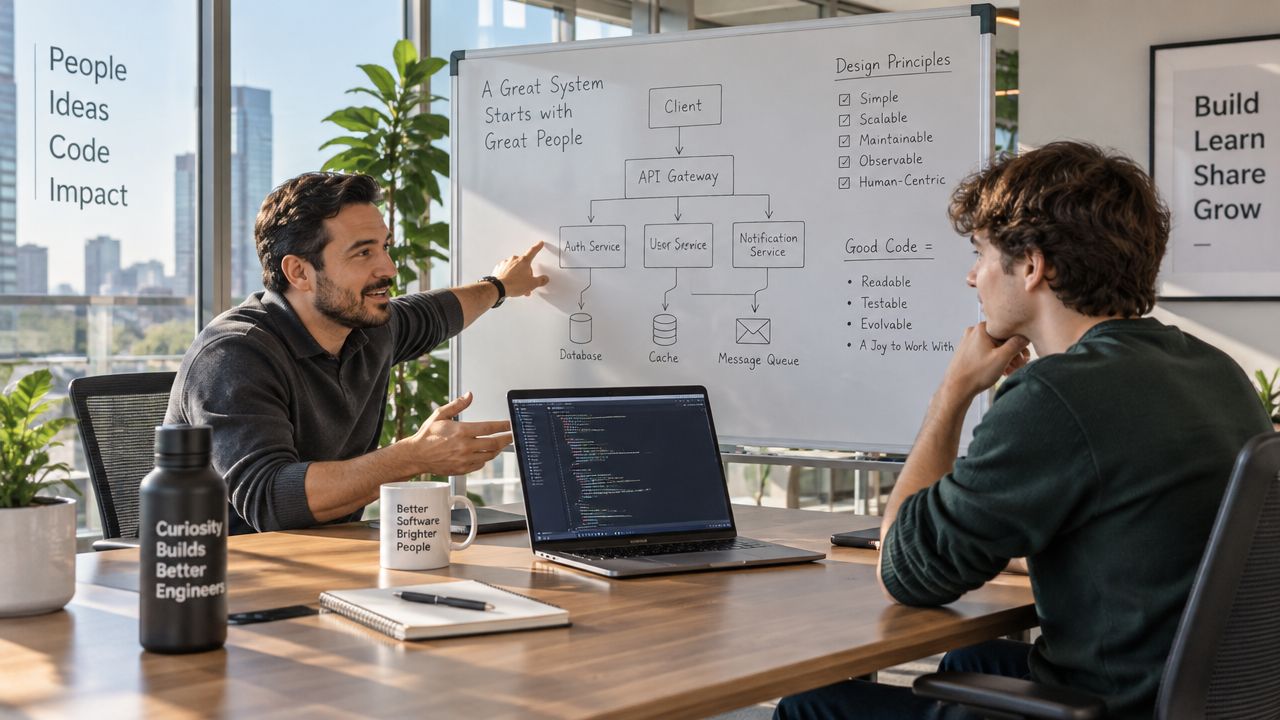 Two software engineers discuss system design and architecture in a modern office space with a whiteboard.