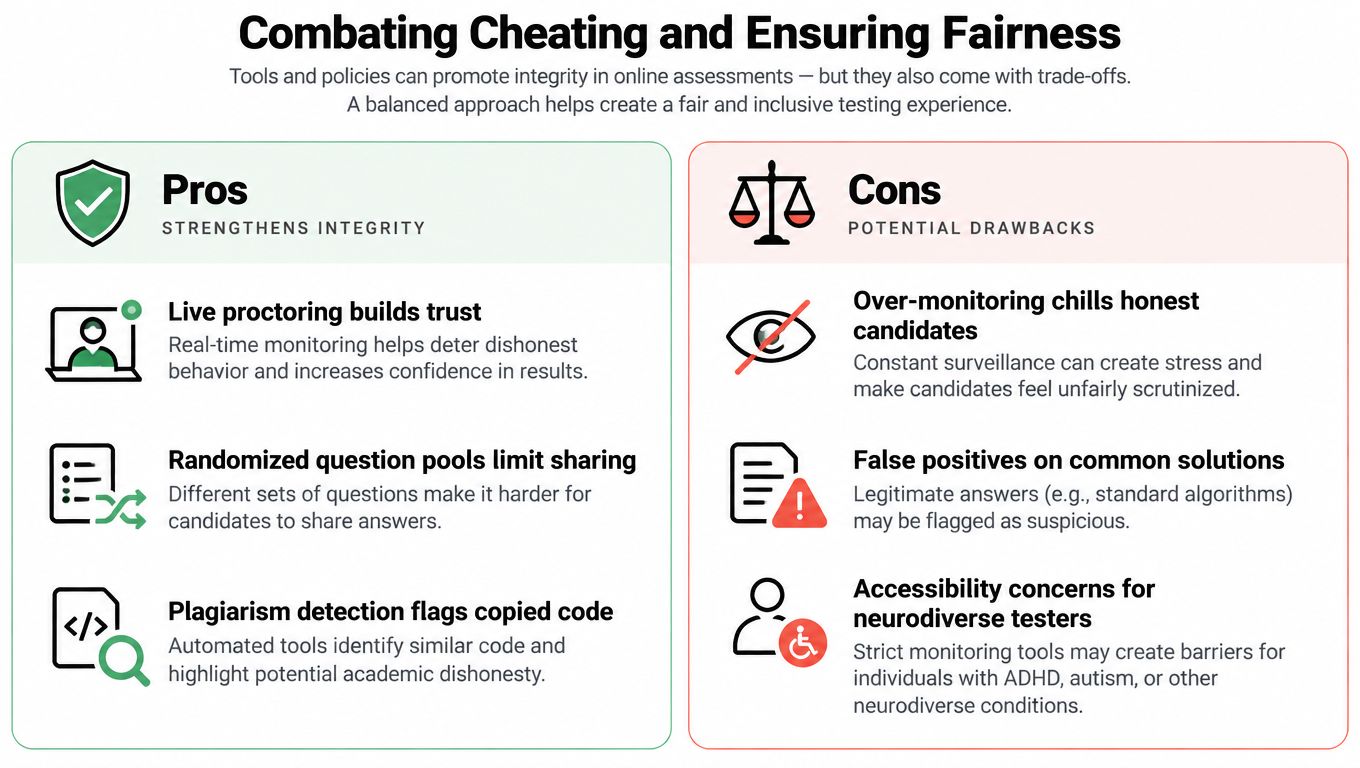 A comparison chart showing the pros and cons of anti-cheating measures for online programmer testing.