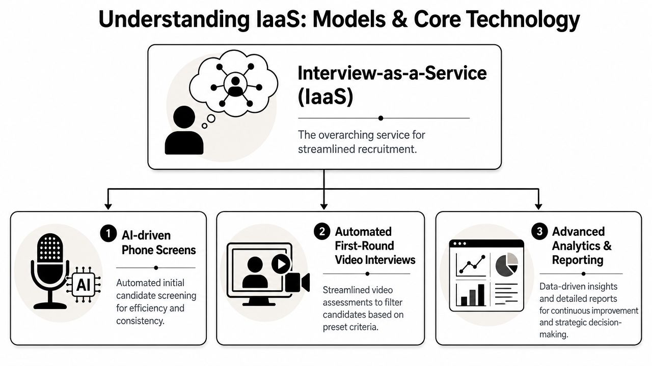 A diagram explaining Interview-as-a-Service, highlighting AI phone screens, video interviews, and data analytics components.