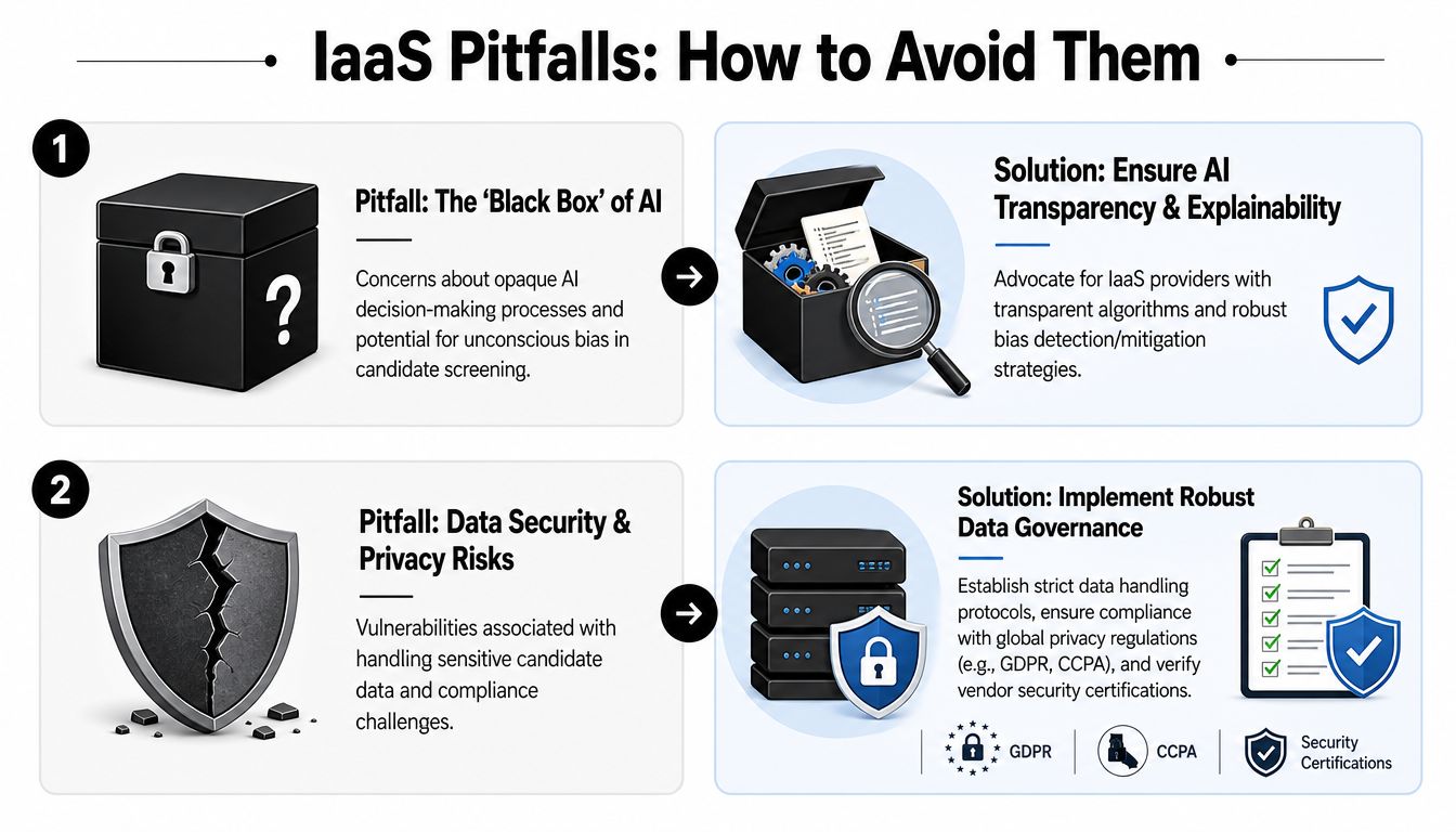 An infographic titled IaaS Pitfalls outlining common AI risks and solutions for candidate screening services.