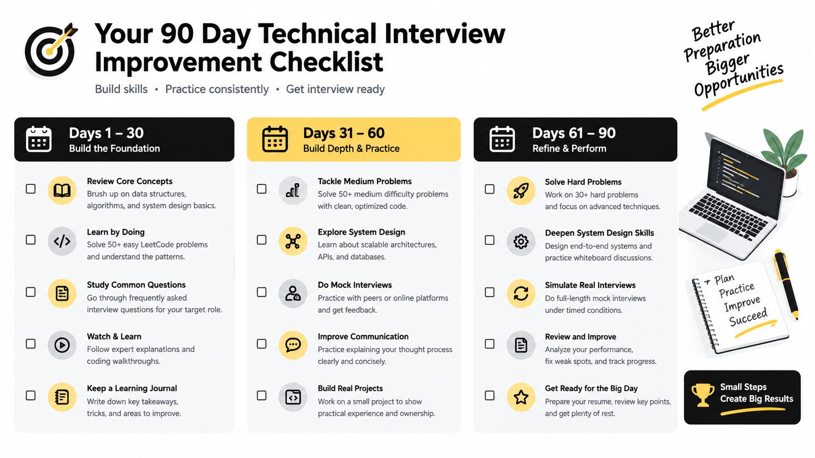 A 90-day technical interview preparation checklist outlining stages for building foundations, practicing problems, and refining skills.