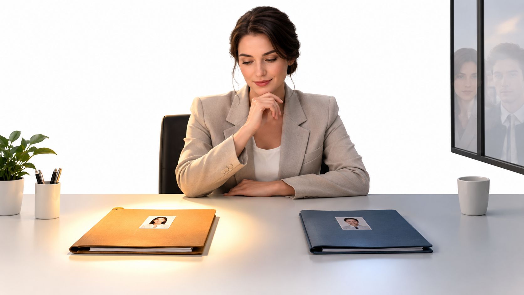 A professional recruiter examining two candidate portfolios on a white desk during an interview process.