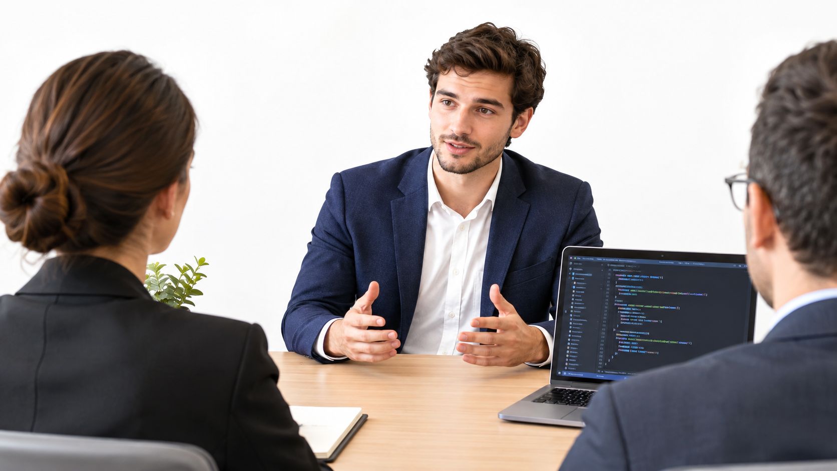A professional man conducting a job interview with two candidates in a modern office meeting room.