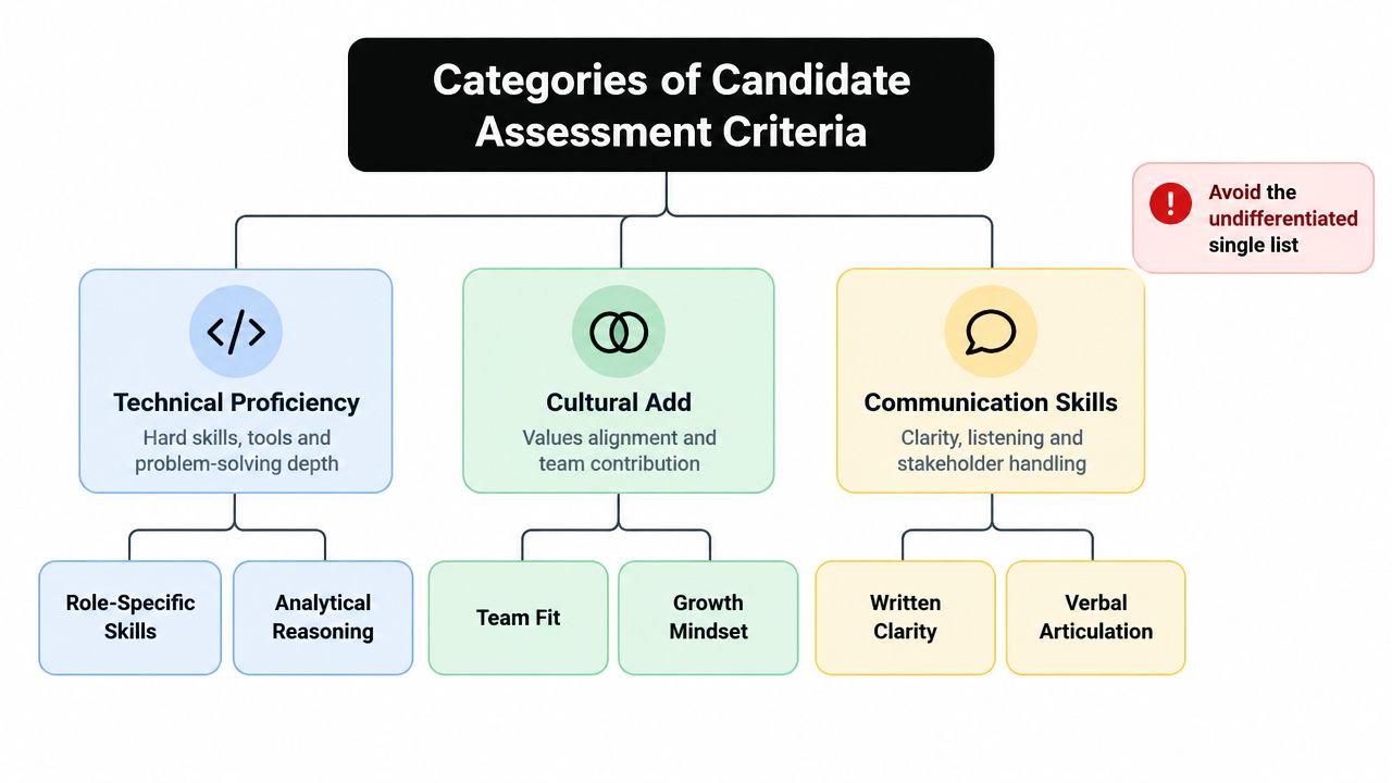 A diagram outlining the three main categories of candidate assessment criteria: Technical Proficiency, Cultural Add, and Communication Skills.