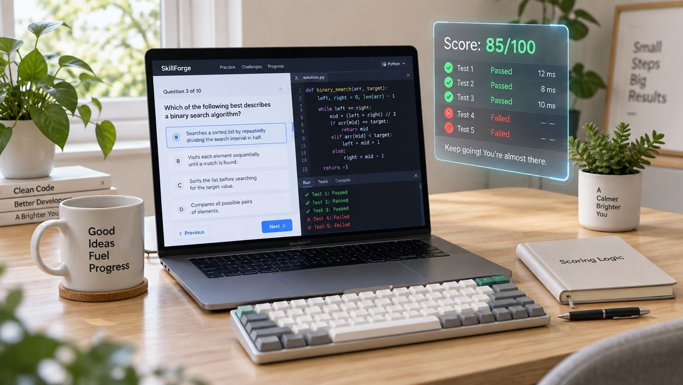 A modern desk setup showing a laptop displaying an online coding test with a digital progress score.