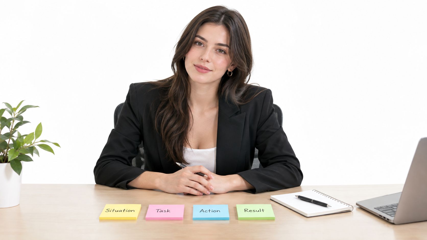 A professional woman sitting at a desk with sticky notes labeled situation, task, action, and result.