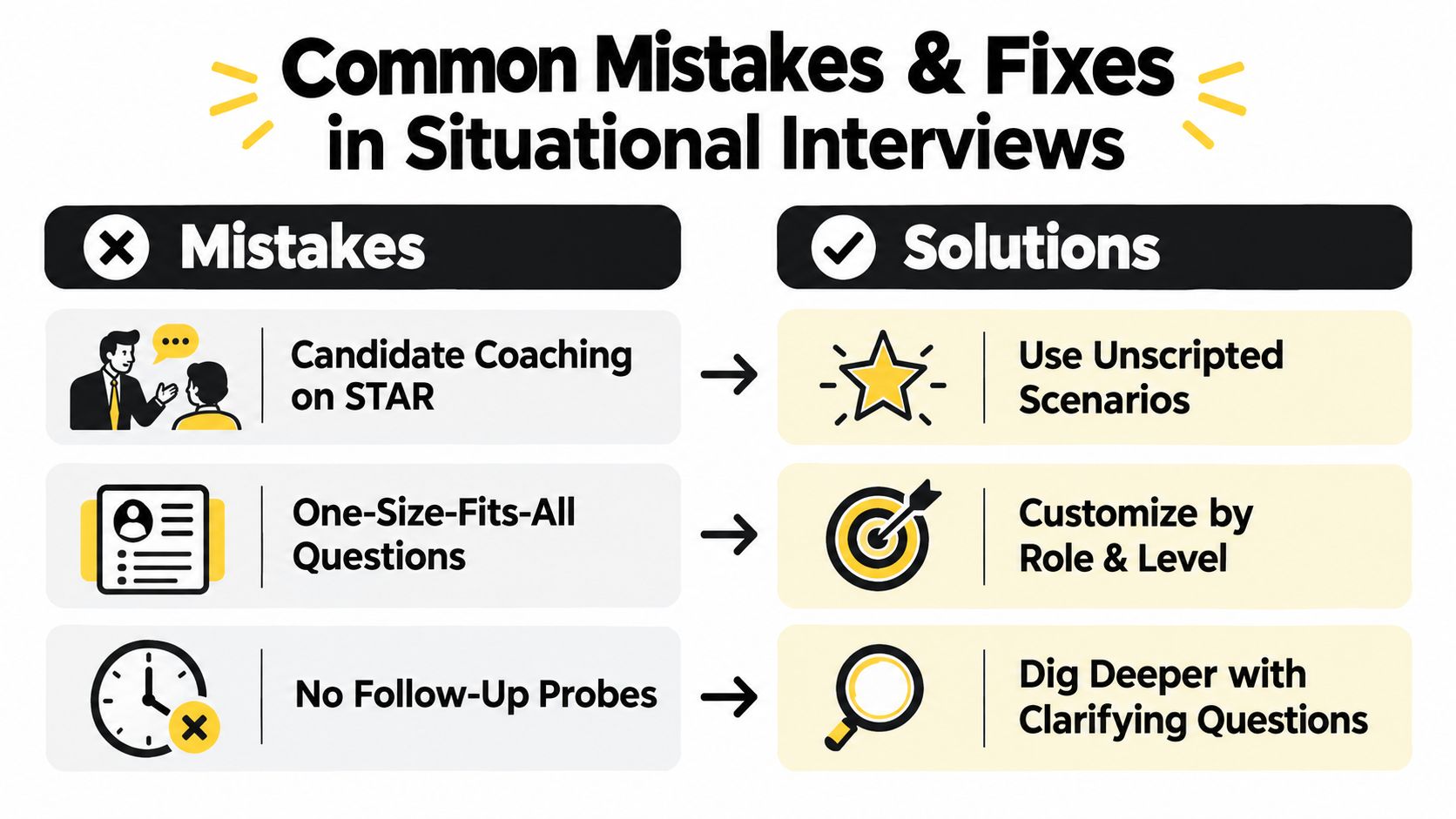 An infographic displaying common mistakes made during situational interviews and their corresponding effective solutions for hiring managers.
