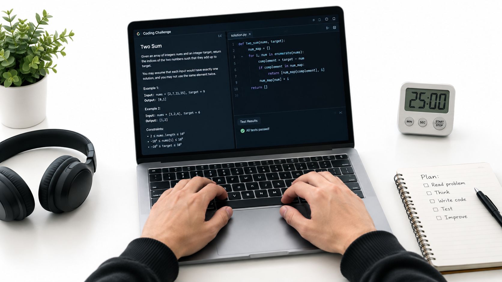 A person coding a Two Sum programming challenge on a laptop with a digital timer and notebook nearby.