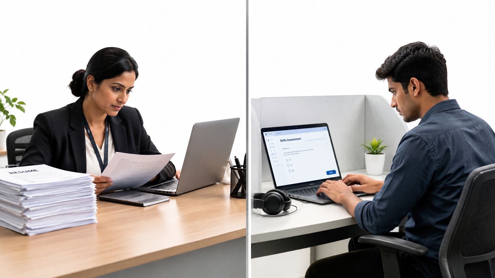 A professional recruiter reviewing resumes alongside a candidate completing an online pre-employment skills assessment test on laptop.
