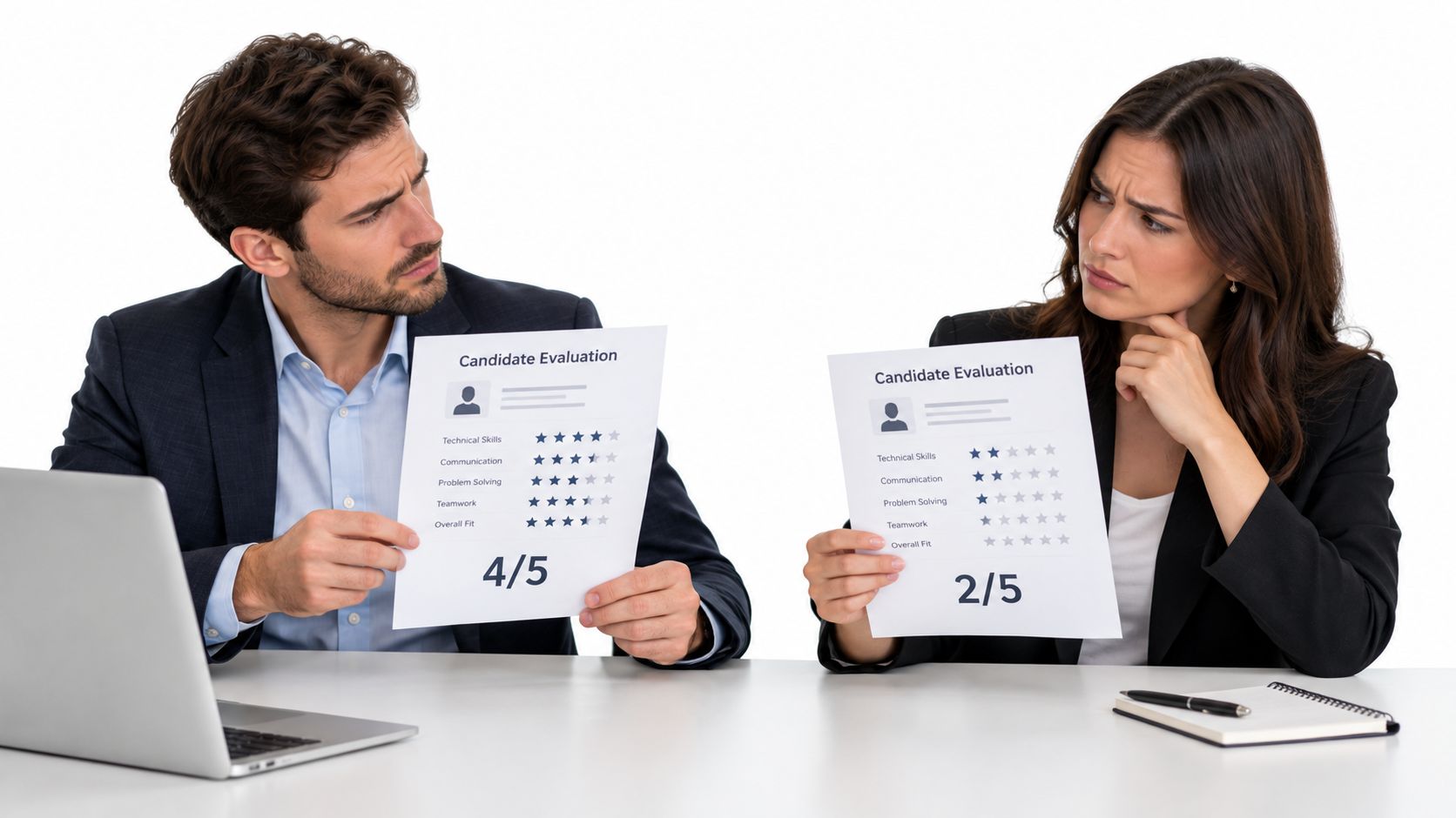 A professional man and woman comparing different candidate evaluation scorecards while sitting at a desk together.