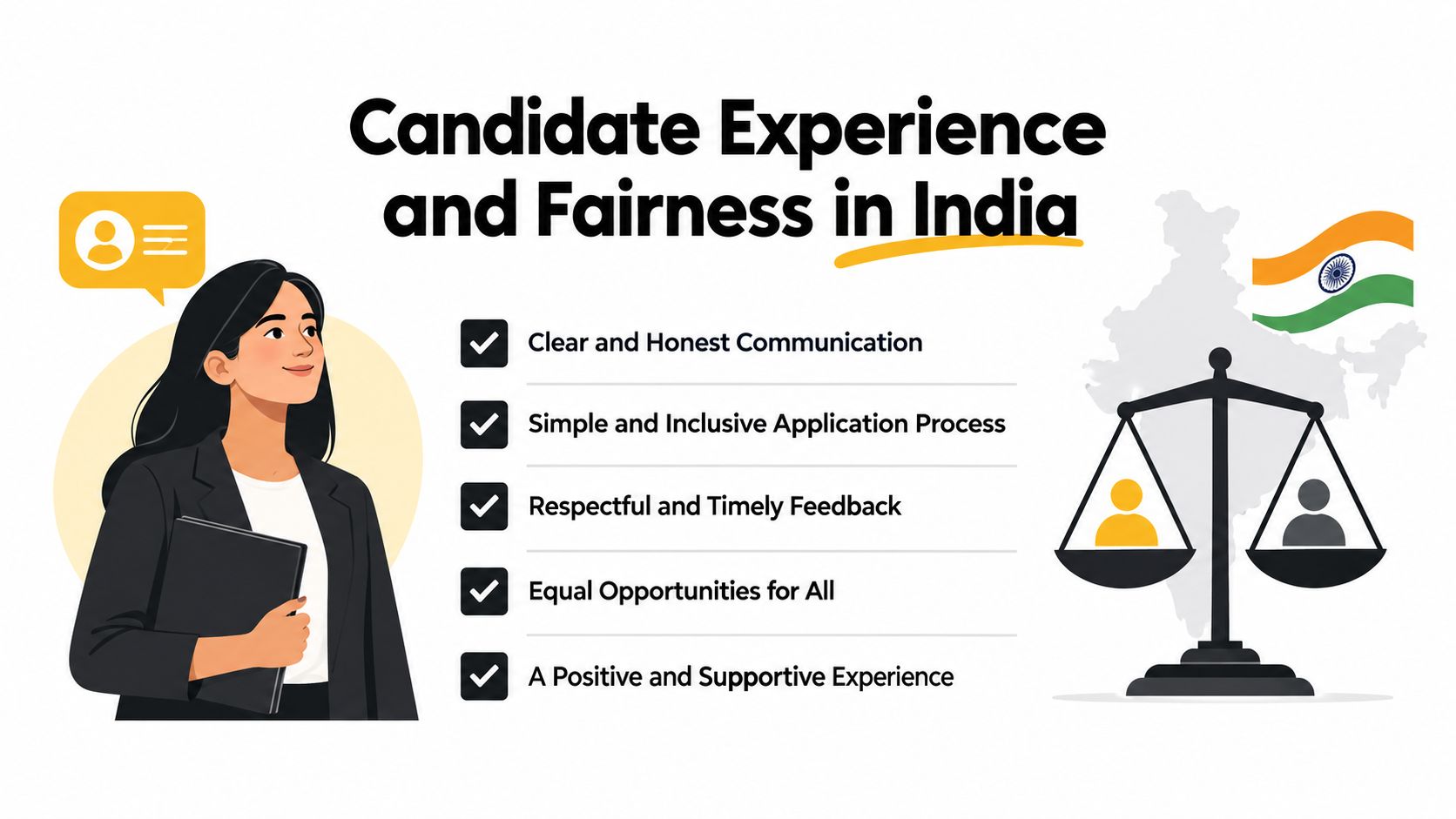 A professional woman alongside a checklist regarding candidate experience and fairness in the Indian job market.