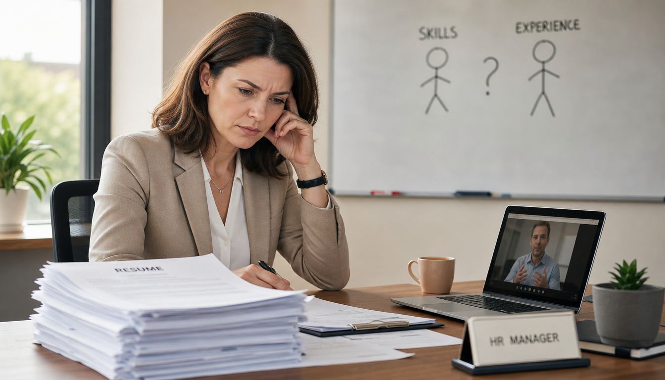 An HR manager looking thoughtful while reviewing resumes and conducting a video interview on her laptop.