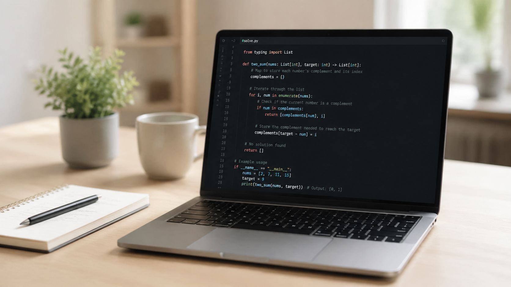 A sleek laptop showing Python code for a two-sum algorithm on a wooden desk with a plant.
