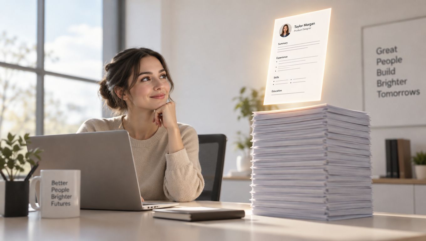 A smiling woman sitting at a desk with a laptop next to a large stack of resumes.