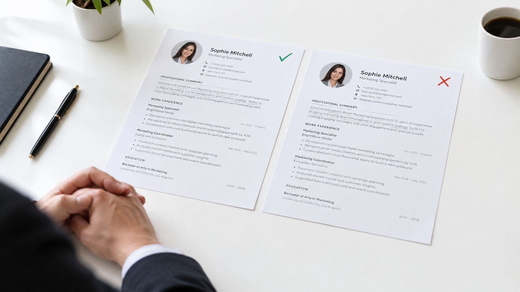 A professional desk featuring two different resume drafts with a comparison checkmark and cross symbol.