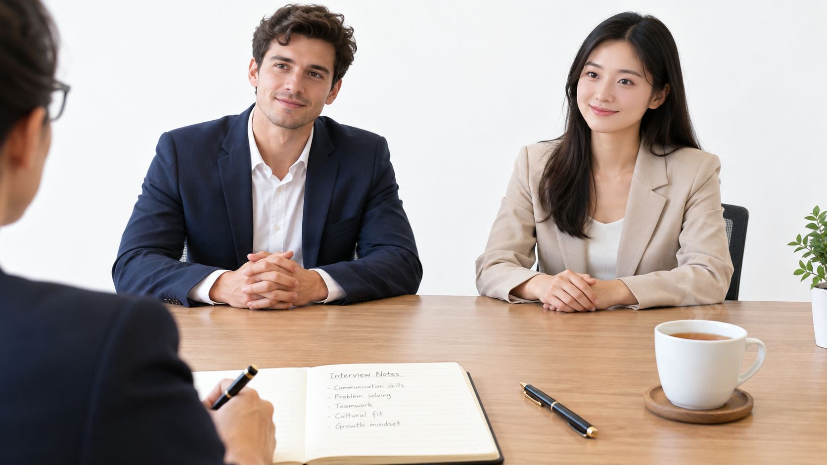 A professional panel interview where a recruiter evaluates candidates with a list of key competencies noted down.