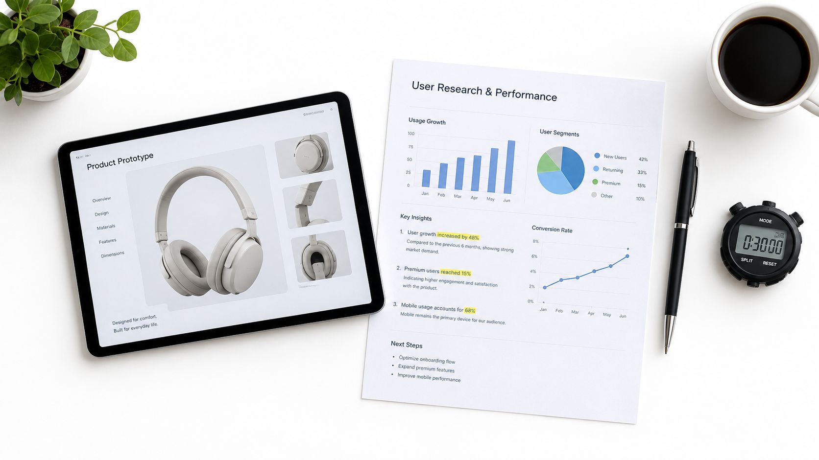 A top-down view of a workspace with a tablet displaying product headphones, a user research report, pen, and stopwatch.