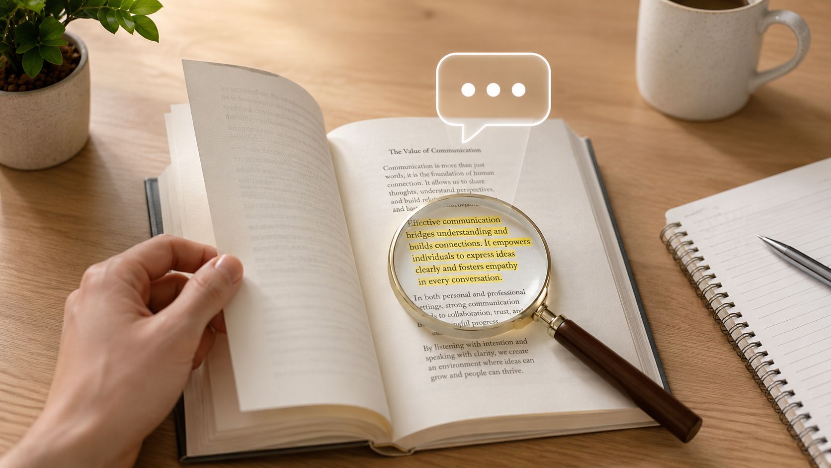 A hand holding a magnifying glass over an open book highlighting the value of communication.