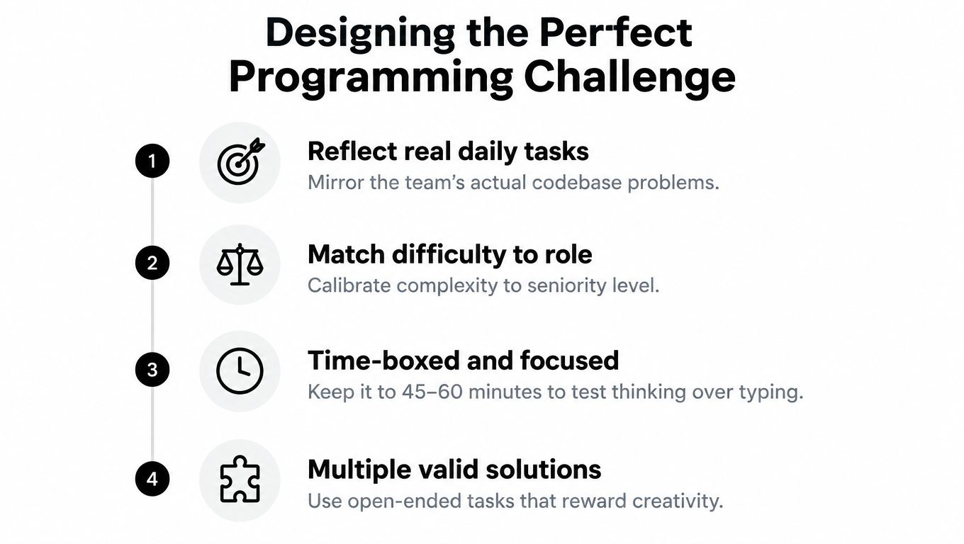 A four-step infographic illustrating key criteria for designing effective and fair programming challenges for technical hiring processes.