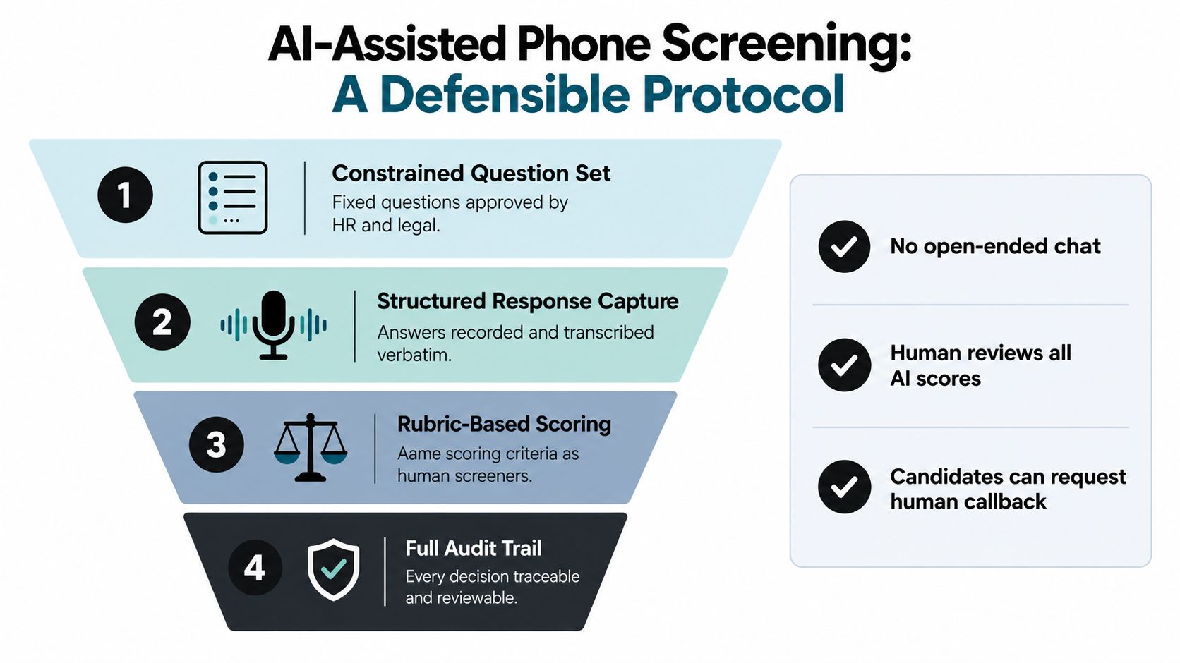 A diagram illustrating a four-step defensible protocol for using AI in a candidate phone screening process.