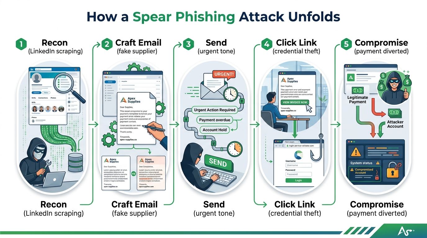An infographic showing the five-step process of a spear phishing cyberattack from reconnaissance to payment compromise.