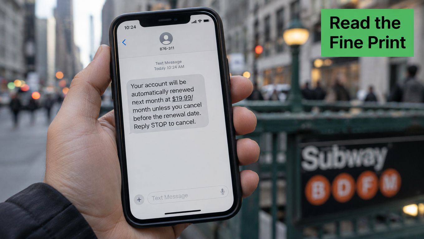 A close-up view of a hand holding a smartphone displaying a scam text message about subscription renewal.
