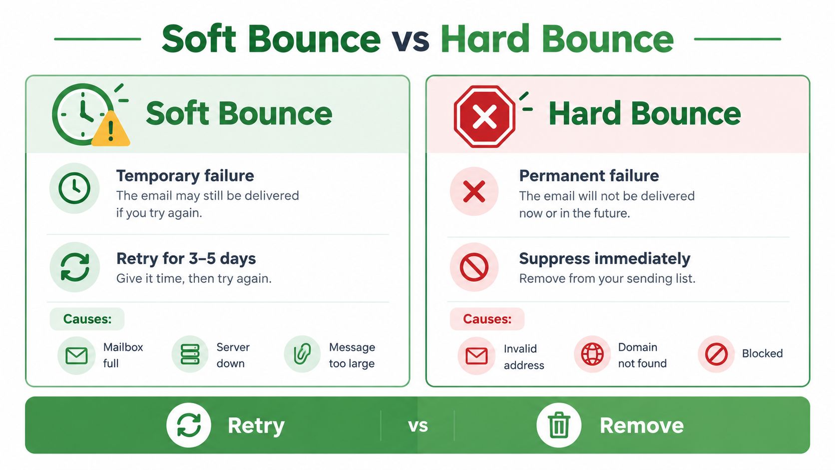 A comparison infographic showing the differences between soft bounce and hard bounce email delivery failures.